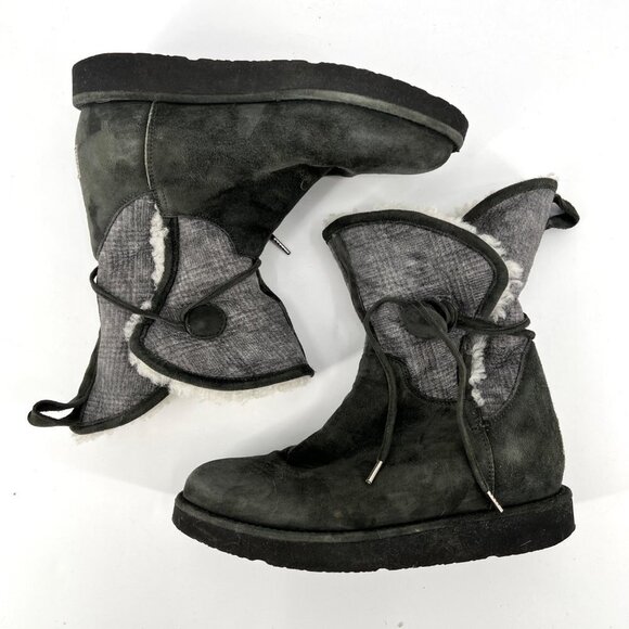 UGG Byanca Gray Suede Leather Sherpa‎ Plaid Foldover Button Boots Size 6 - Picture 5 of 10
